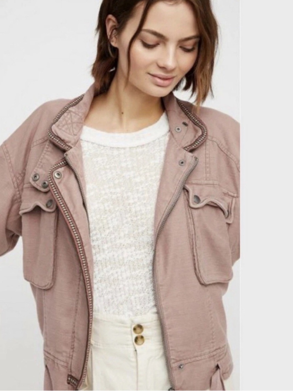 Free People Flight Line bomber jacket dusty mauve rose Size M drawstring hem